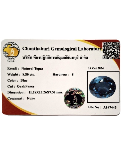 Dijual Batu Cincin Permata Topaz Biru London Brazil Oval Alami Natural 8.80 Ct. Bersertifikat