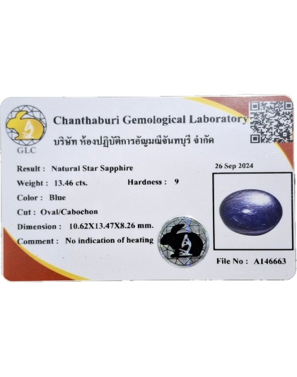 Dijual Batu Cincin Permata Mulia Safir Biru Bintang Blue Star Sapphire Myanmar Alami Natural 13.46 Ct. Unheated Bersertifikat