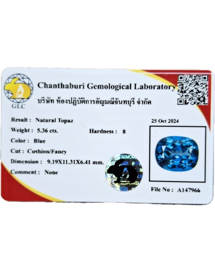 Dijual Batu Cincin Permata Topaz Biru London Brazil Cushion Alami Natural 5.36 Ct. Bersertifikat