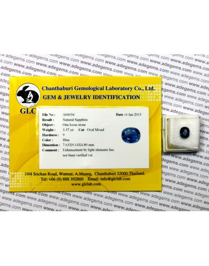 Dijual Batu Cincin Permata Mulia Safir Biru Blue Sapphire Ceylon Sri Lanka Oval Alami Natural 3.37 Ct. Bersertifikat