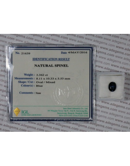 Dijual Batu Cincin Permata Blue Spinel Biru Sri Lanka Natural Alami 3.36 Ct. Unheated Bersertifikat