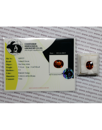 Dijual Batu Cincin Permata Zircon Jingga Merah Muda Oval Natural 7.34 Ct. Untreated Bersertifikat