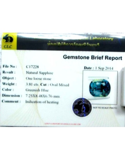 Dijual Batu Cincin Permata Mulia Safir Biru Hijau Greensh iBlue Sapphire Madagascar Africa Cushion Alami Natural 3.81 Ct. Bersertifikat