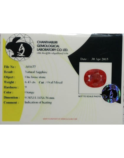 Dijual Batu Permata Mulia Orange Sapphire Safir Jingga Oren Oval Alami Natural 6.43 Ct. Bersertifikat
