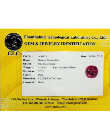 Dijual Batu Cincin Permata Pink Tourmaline Merah Muda Bantal Mozambique Alami Natural 3.53 Ct. Untreated Bersertifikat