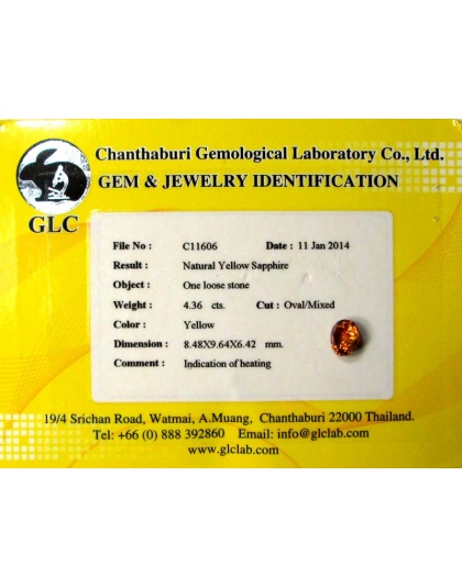 Dijual Batu Cincin Permata Mulia Yellow Sapphire Safir Kuning Oval Thailand Natural 4.36 Ct. Bersertifikat